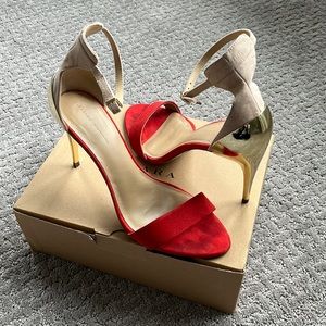 ZARA Red/Coral Sandal Gold Metal Heel Shoe Size 8